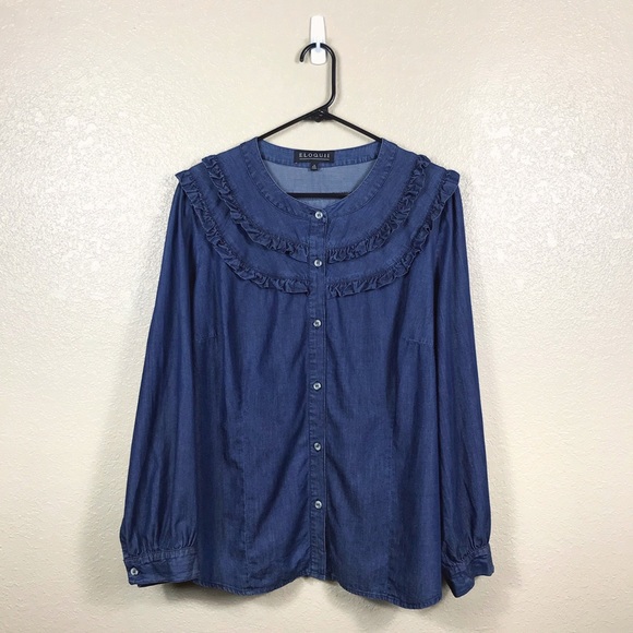 Eloquii Dark Chambray Ruffle Button Front Shirt - Picture 1 of 4